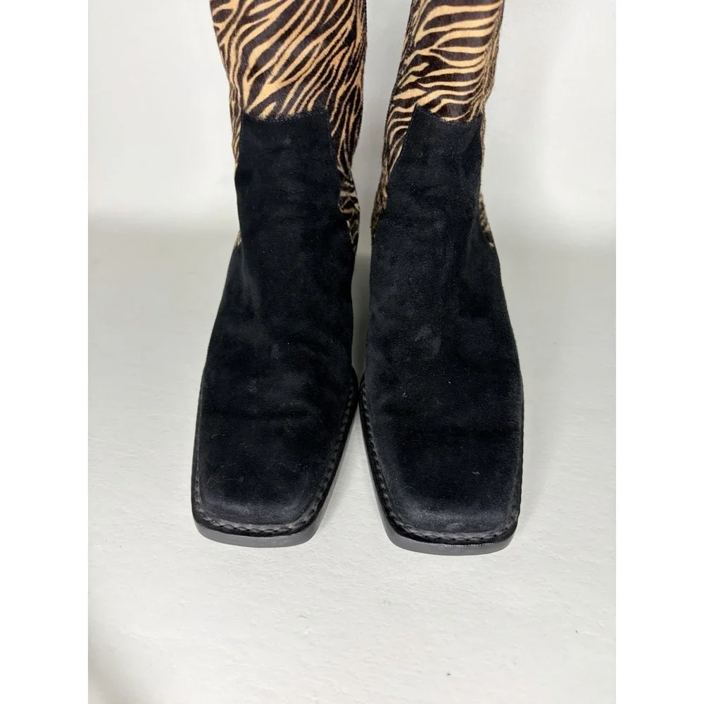 Womens Stuart Weitzman - Black W/ Tan & Brown Animal Print Boots, Zip Up, Size 8